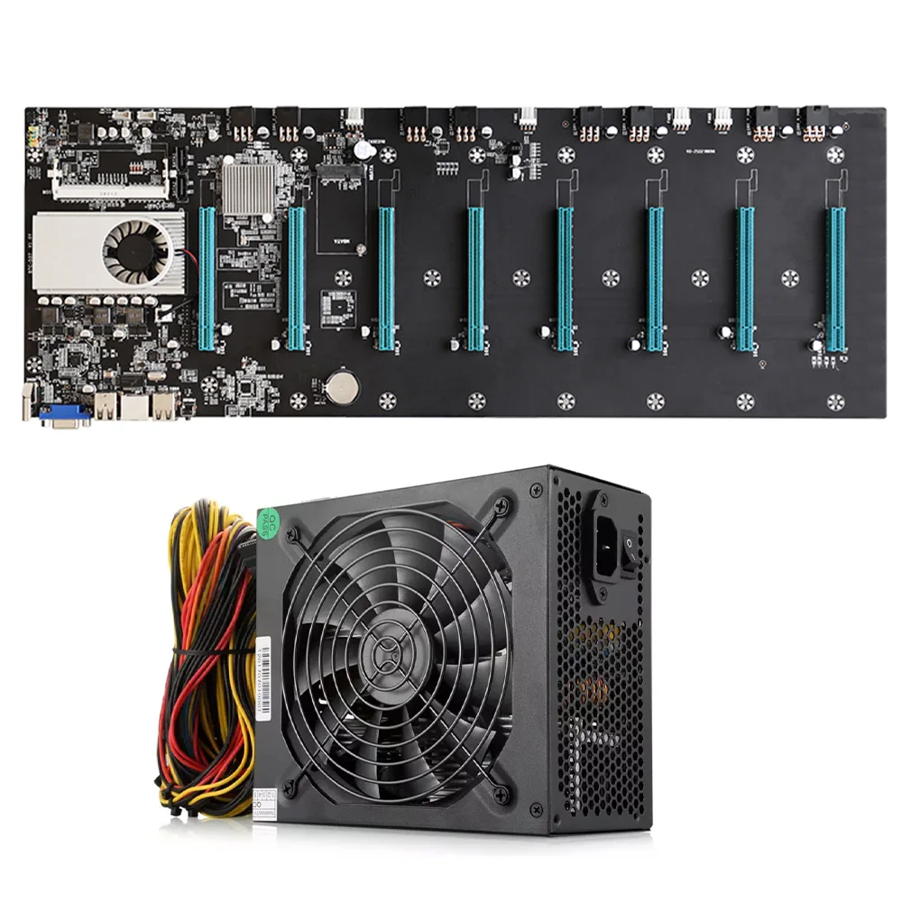 

New BTC-S37 Mining Motherboard CPU Set Support 8 PCIE 16X Graphics Card w/1850W Power Supply 8G DDR3 128G SSD 10Pcs Power Cable