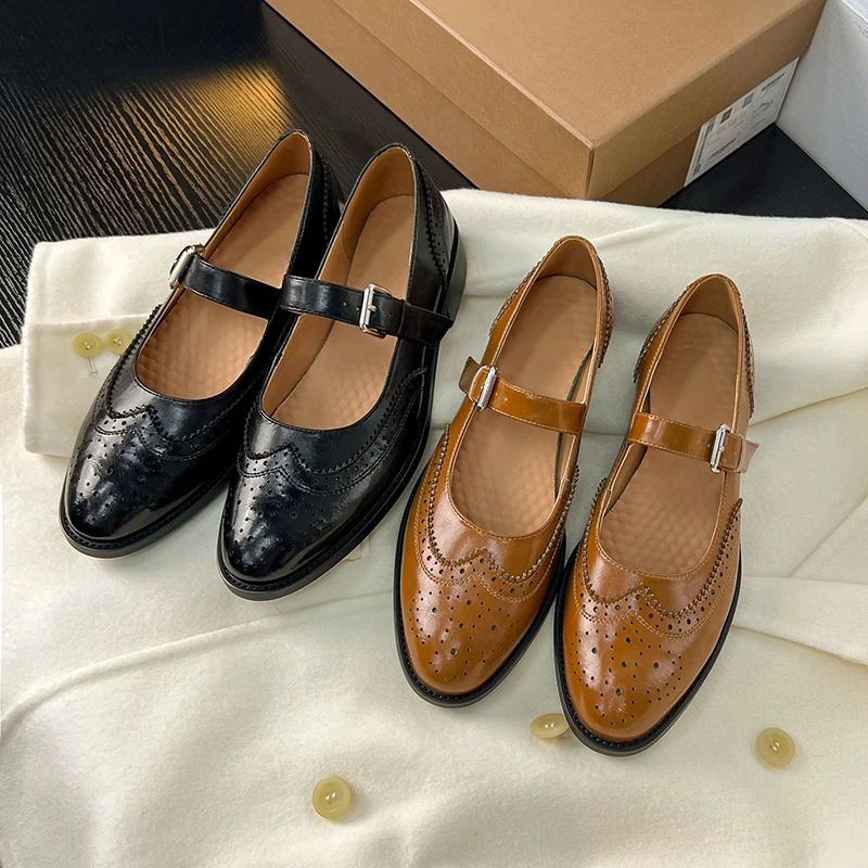 

MEZEREON Flat Shoes Woman Pleated Leather Brogue Flats With Buckle Vintage Shoes For Women With Low Heel Classic Style
