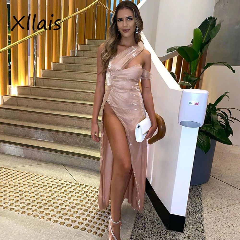 

Платье XLLAIS с наклонным плечом, Двухслойное Сетчатое для женщин вечерние пикантное вечернее платье с высоким разрезом, элегантное атласное ...