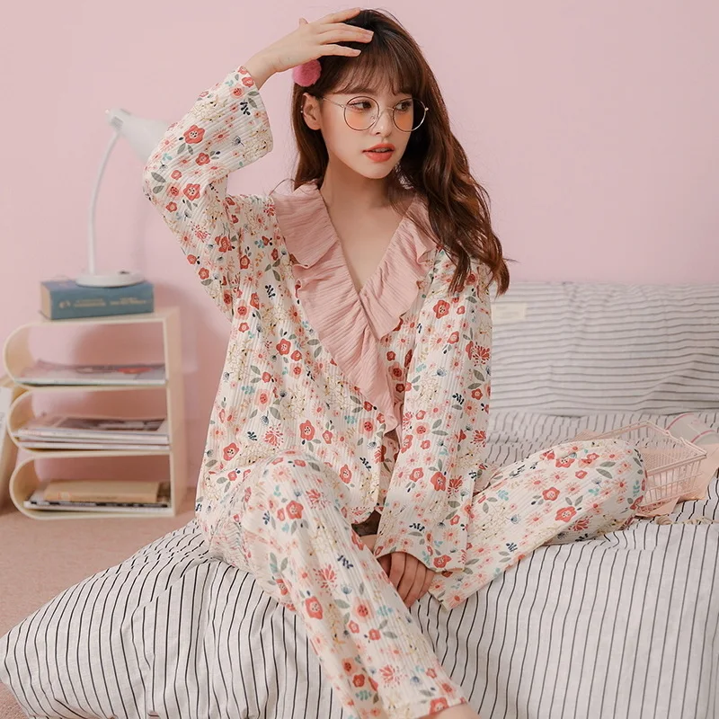 Pajamas Women's New Spring and Autumn Sweet Japanese Kimono Long-sleeved Trousers Cardigan Home Service Pajama Set Sleepwear