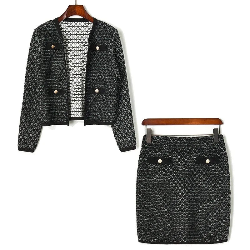 

PERHAPS U Women Black White Plaid Tweed Button Jacket Mini Skirt Pencil 2 Two Pieces Set Elegant Winter T0260