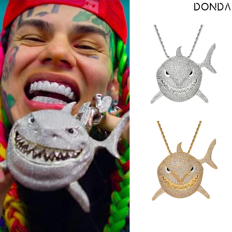 

Donda 6ix9ine gooba Iced Out Men'S Shark Pendant Pave AAA Pink Zircon Necklace Hip Hop Crystal Jewelry Gift Dropshipping