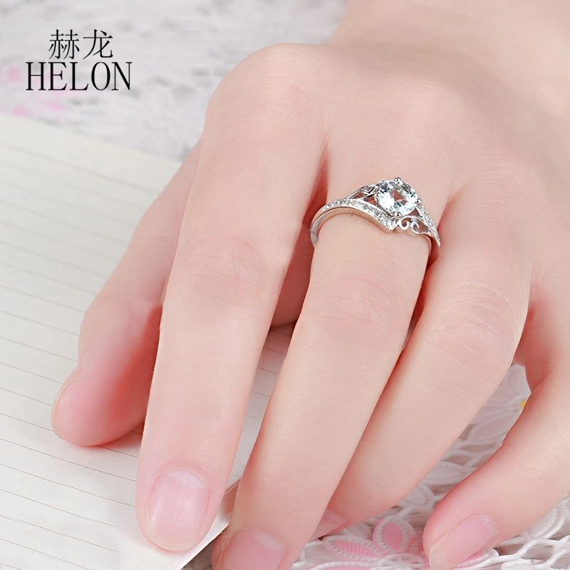 

HELON Women Diamond Ring Sterling Silver 925 Flawless Round 6mm Natural Aquamarine Diamond Engagement Wedding Gemstones Ring
