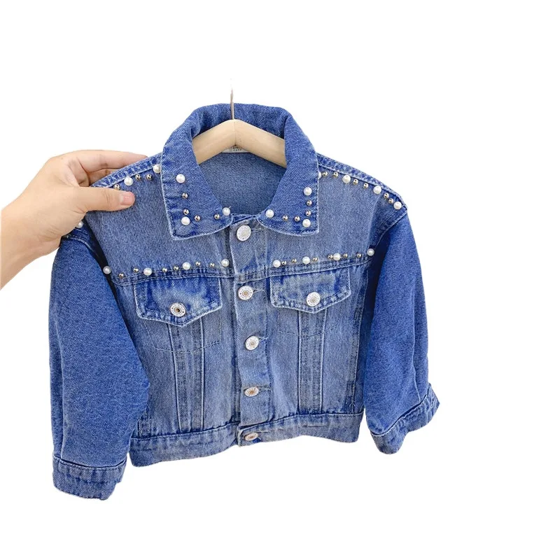 

WLG детские пальто для девочек жакет осень-весна джинсовая синяя жемчужная верхняя одежда с длинным рукавом модная универсальная одежда для ...