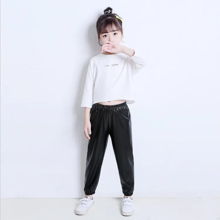 Брюки из ПУ кожи для девочек демисезонные свободные брюки детей повседневные