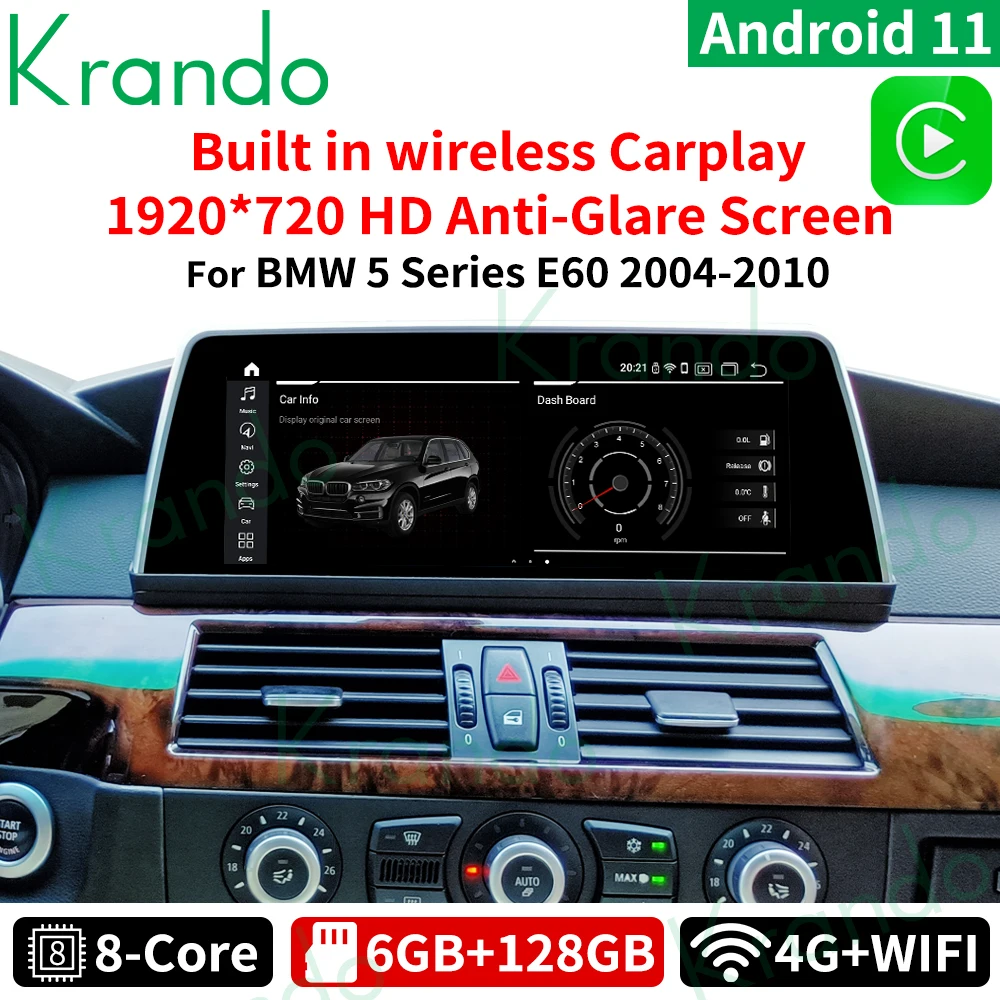 구매 Krando 안드로이드 퀄컴 스탠드 스크린 11.0 6G 128G 10.25 자동차 라디오, BMW 5 시리즈 E60 2005-2012 CIC CCC 무선 카플레이