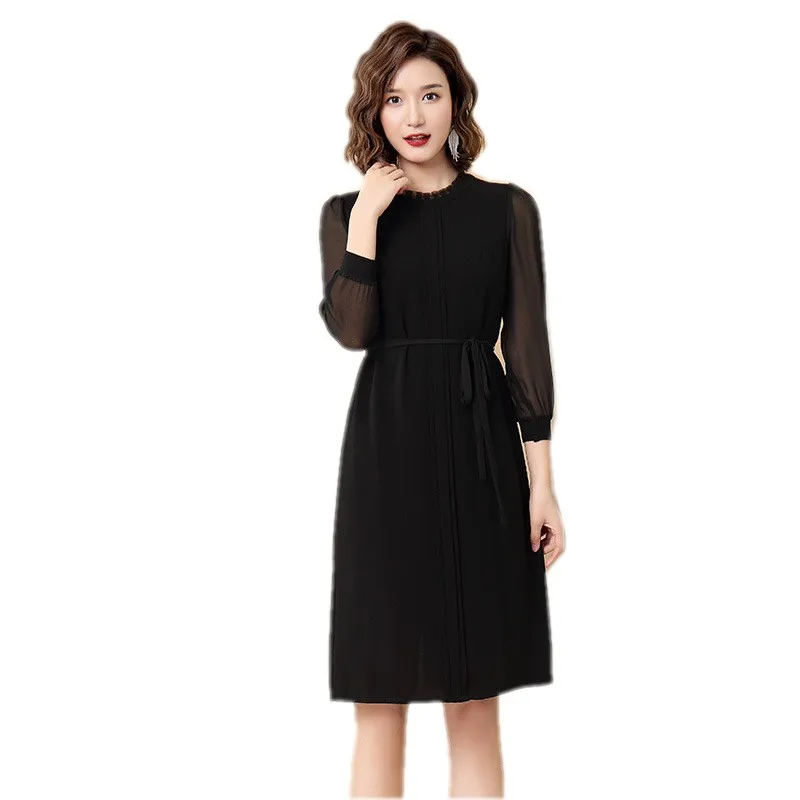 2021 New Spring And Summer Women's Long-Sleeved Dress Pure Black Fashion Dignified Temperament Elegant Slim Waist Skirt