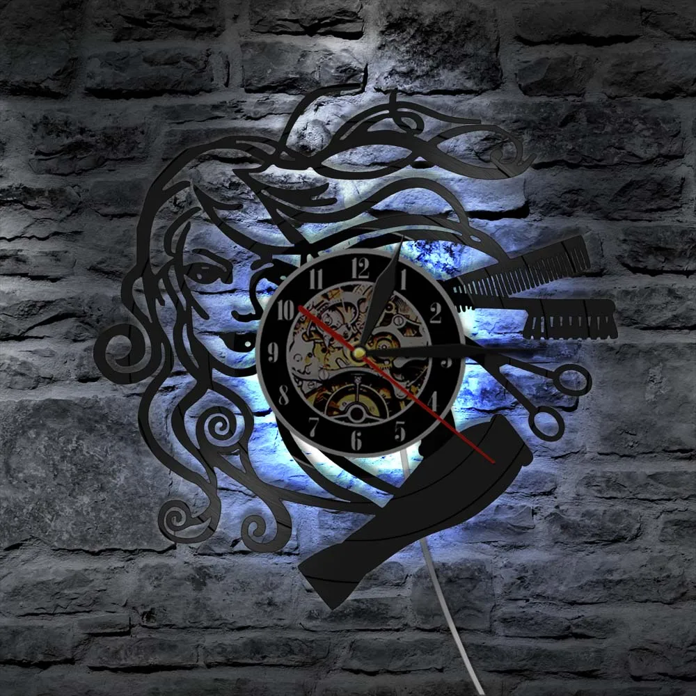 Барбершоп виниловая запись светодиодный настенные часы современный дизайн