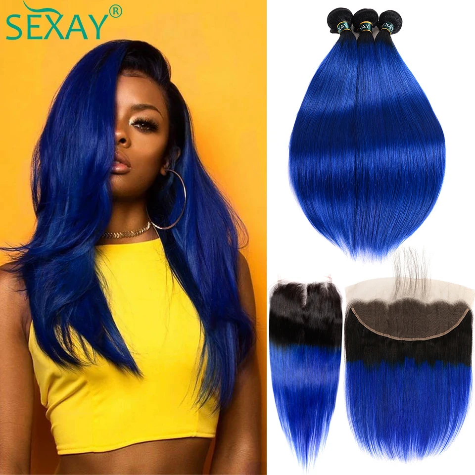 1B Blue Straight Bundles With Closure Brazilian Remy Human Hair Pre Colored Shappire Ombre Bundles With Transparent Lace Closure