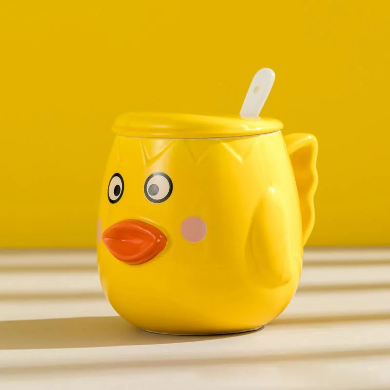 

500ML Cute Cartoon Duck Ceramic Mugs 3D Creative Animal Coffee Mug with Lid Spoon Couple Milk Cup Net Red Yellow Duck Cup