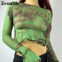 zenaide 2021 sexy mesh long sleeve crop top y2k autumn women aesthetic print baby tee see through green fashion t shirt vintage