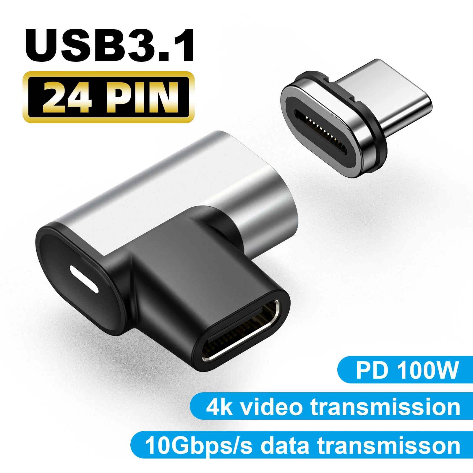 

Магнитный адаптер USB Type-C, 100 Вт, 24 контакта, для Macbook Pro, USB C 3,1, 4K, 10 Гбит/с, 5A, быстрая зарядка, 90 градусов, магнитный преобразователь для синхрони...