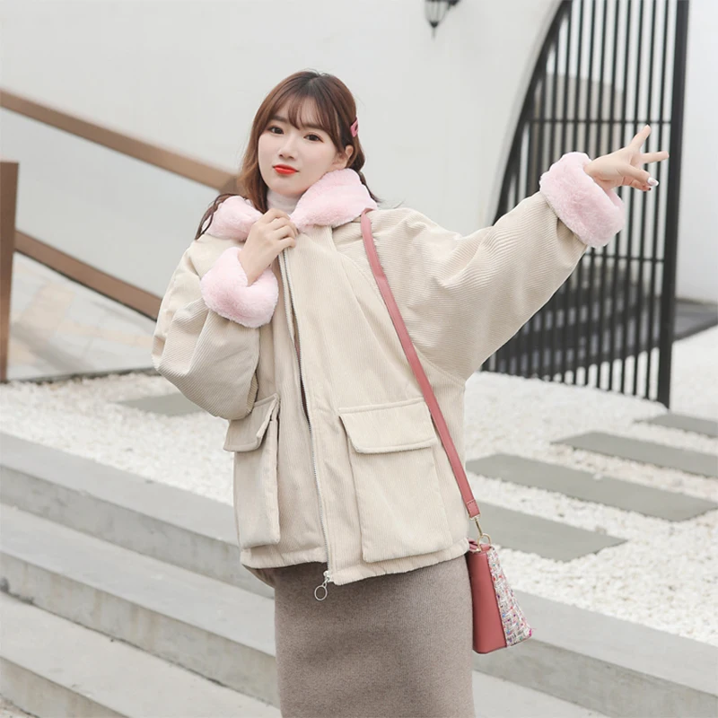 

Lucyever Corduroy Thick Warm Women's Coats Yellow Fluffy Cute Winter Clothes Women Casual Korean Style Hooded Loose Jacket Mujer