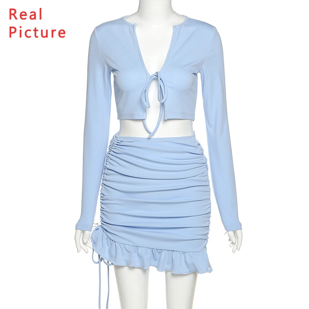 

Two Piece Sets Women Bandage Crop Top Skirt Long Sleeve Ruffle Ruched Skirt Drawstring Streetwear Casual Outfits