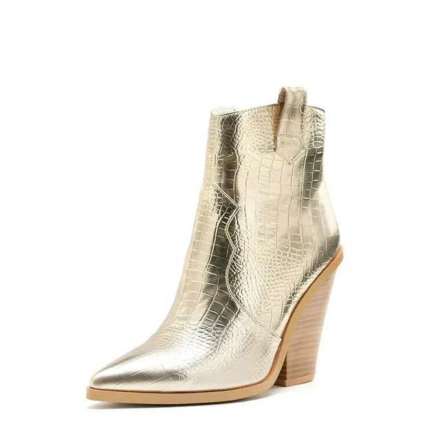 gold Зимние ботильоны фирменного дизайна; женские ковбойские ботинки из искусственной кожи на молнии; ботинки на танкетке со змеиным принтом; коллекция года; Женские ботинки в западном стиле - Color: gold
