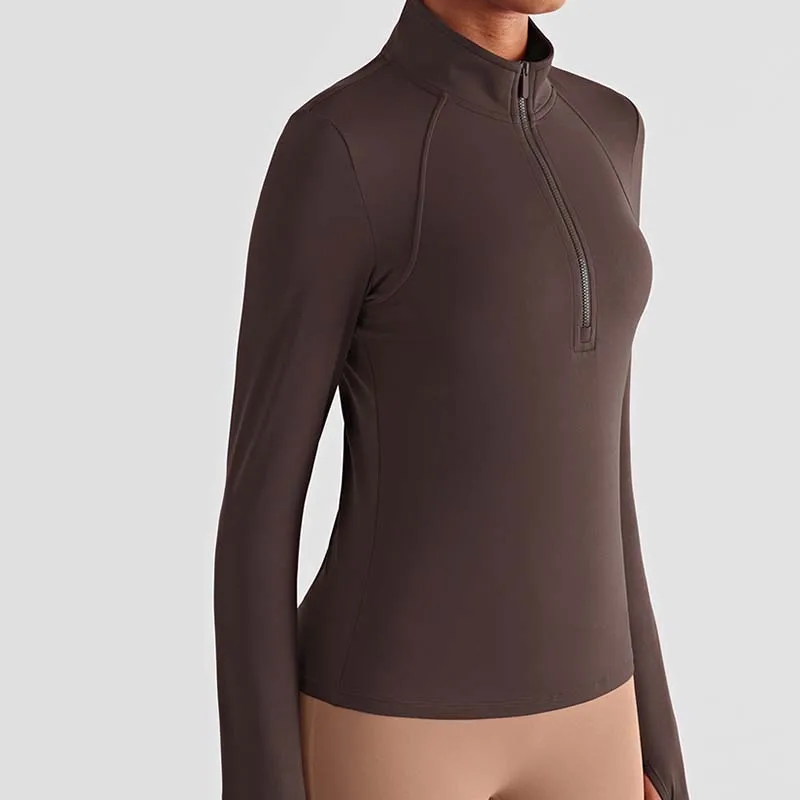 Lulu Naked Feel Fitness Women Sports Jacket Stand-up Collar Half Zipper Long Sleeve Tight Yoga Shirt Gym Thumb Athtic Coat