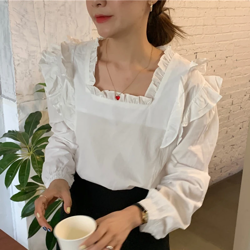 Осенние футболки с длинными рукавами и оборками рубашка в ретро стиле Женская