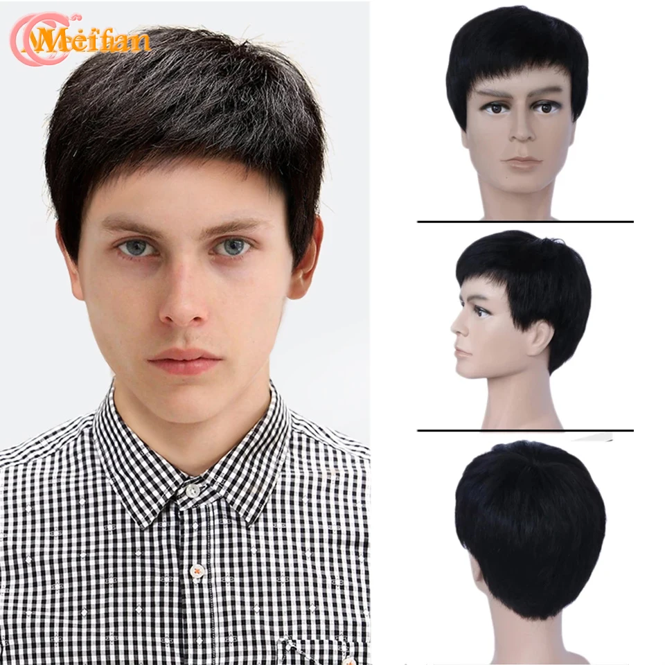 

Парик MEIFAN из коротких прямых волос с челкой, парики для мужчин, невидимый натуральный дышащий внутренний сетчатый синтетический парик