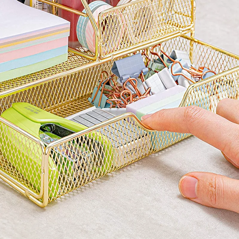 

Desk Mesh Collection Organizer,Desktop Pen Holder Caddy with 5 Compartments&1 Drawer for Office&Home