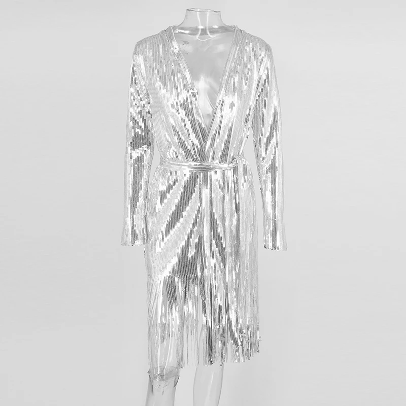 

Plus Size Vadim Limited Full Polyester Straight Solid Knee-length Sequin Dress New Belt Temperament Deep V-neck Summer Sexy