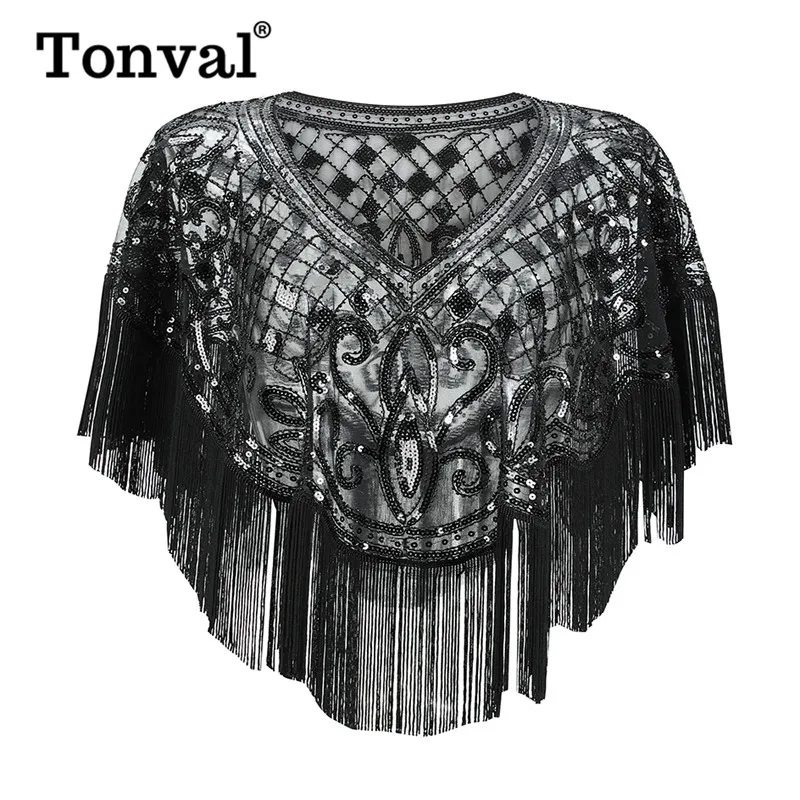 Tonval Vintage Sequin 1920s Flapper Fringe Beaded Luxury Shawl Women Cover Up Party Elegant Mesh Wraps Ponchos and Capes