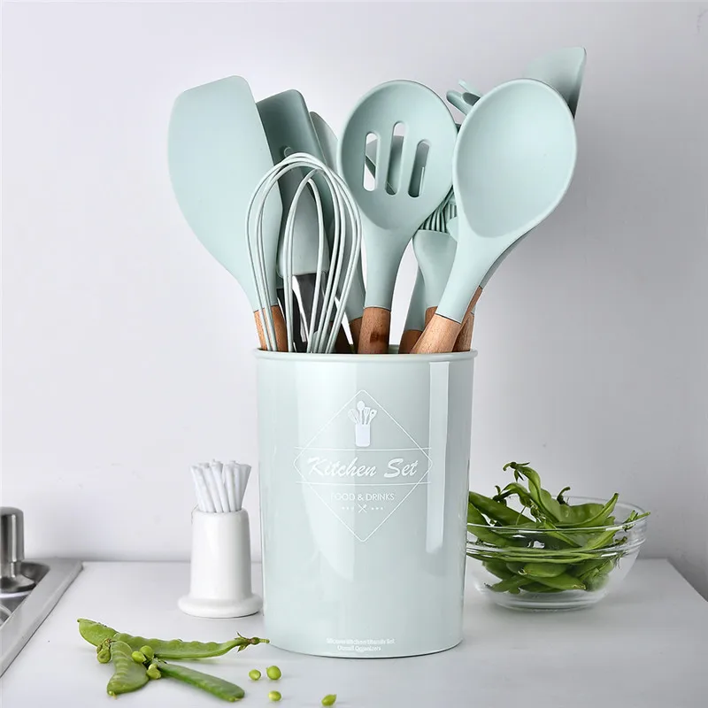silicone cooking tools set spatula shovel spoon with wooden handle practical kitchen cooking utensilsx kitchenware cocina gadget free global shipping