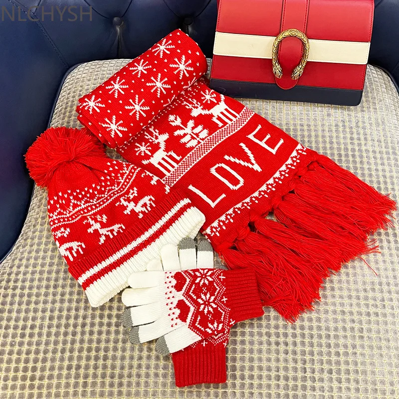 

Christmas Hat and scarf Gloves set three Pieces for Women Winter Kitted hats for Girls Thick Warm Pom Hat scarf Glove Set