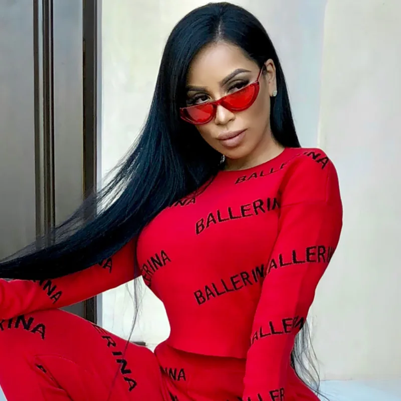 

2020 Women Tracksuit Set Summer Red Black Letter Print O-Neck Long Sleeve Long Pant 2 Piece Sets Night Club Young Wind Sets
