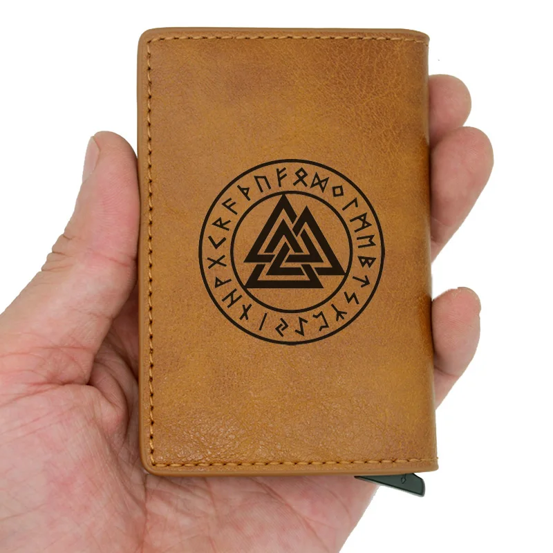 Треугольник Valknut в стиле норвежских викингов дизайн RFID кредитный держатель для карт Противоугонный автоматический кошелек чехол для карт мужской мини кожаный мужской кошелек