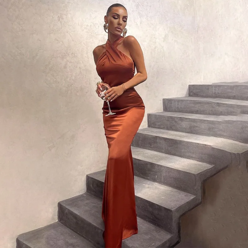 

2022 MOFANCY Women's Summer New Sexy Solid Slim Sleeveless Backless Long Dress Elegant Fashion Halter Skirt For Evening Party