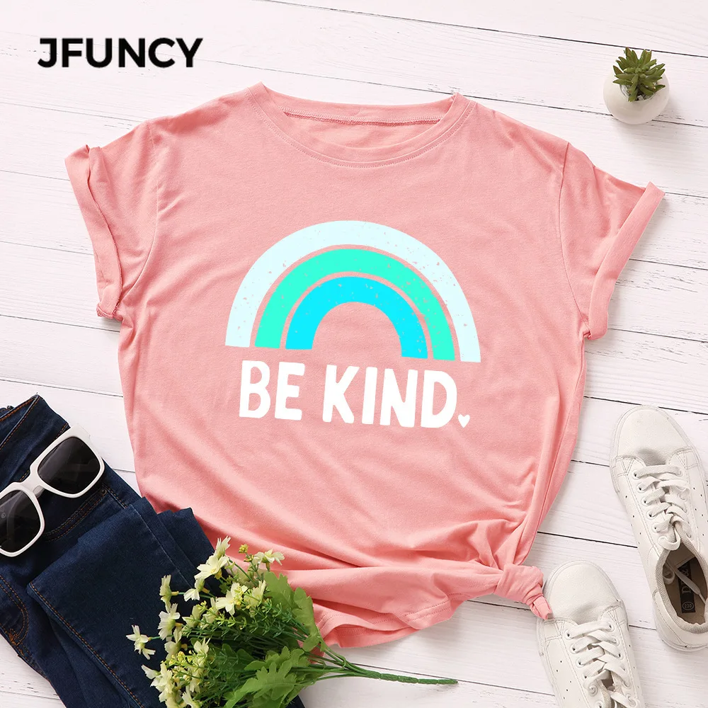 Женская футболка с коротким рукавом JFUNCY летняя из 100% хлопка креативным радужным