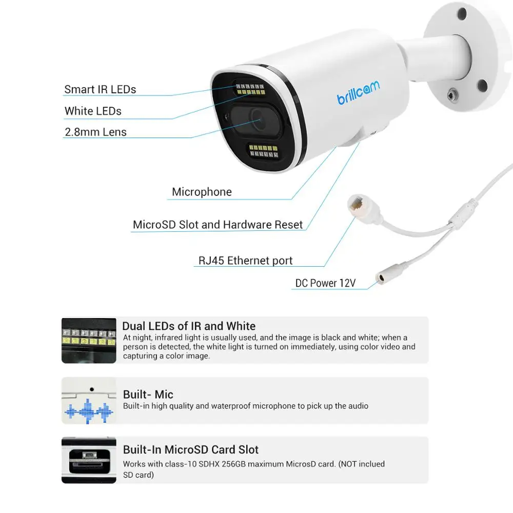Brillcam 5MP UHD двойной светодиодный Пуля IP Камера с 2 8 мм Len PoE IP67 всепогодный AI SD слот
