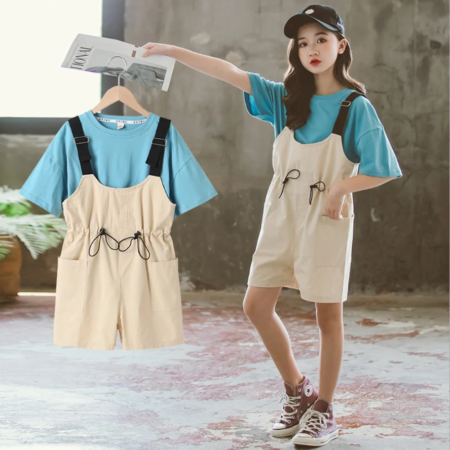 

New Girls Middle And Big Overalls Summer 2021 New Tie-Dye T-Shirt Short-Sleeved Western Style Two-Piece Trendy