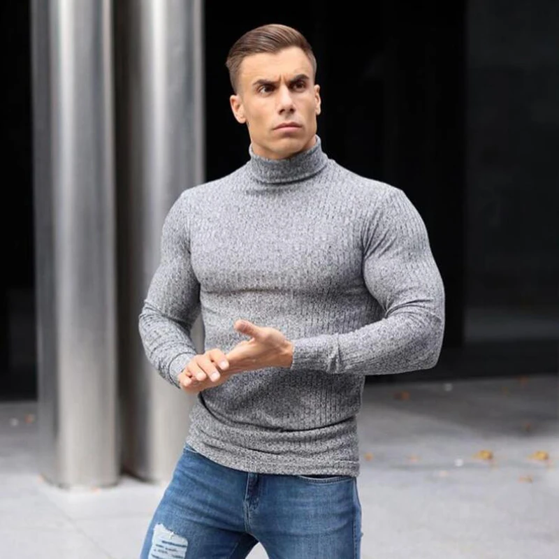 

Running Knited T-shirt Men Spring Turtleneck Thin Sweaters Roll Neck Strips Warm Slim Fit T Shirt Men Sports Fitness Pullover