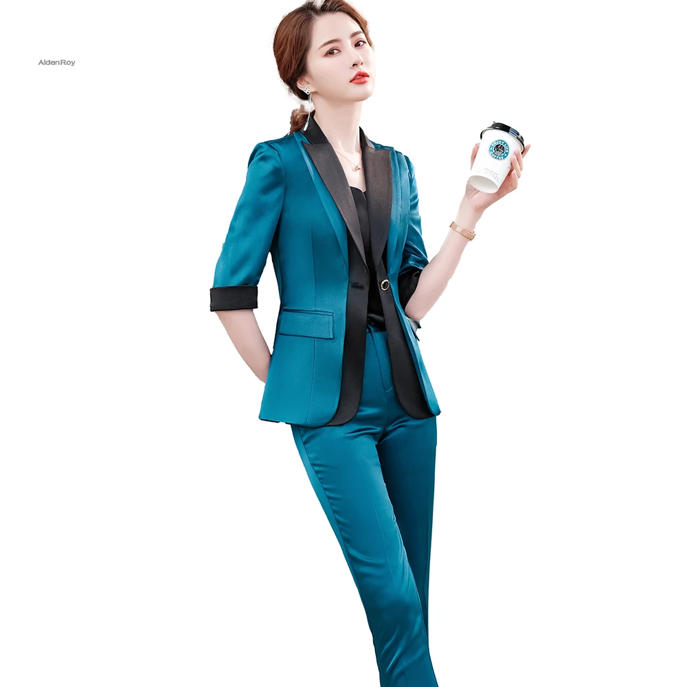 

2021SS Elegant New Pants Suit Women Business Green Half Sleeve Blazer + Trousers Office Ladies Plus SizeS-5XL Work Wear