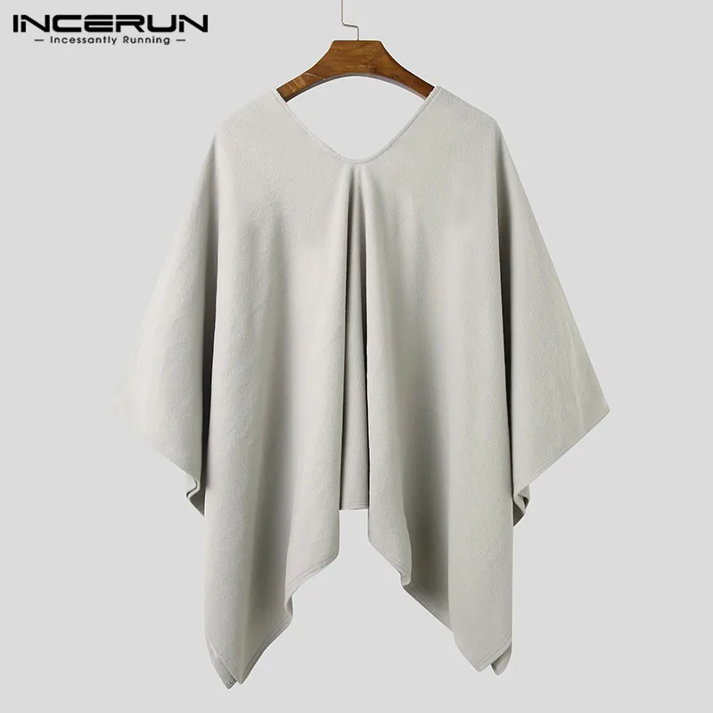 

INCERUN Solid Color Men Cloak Coats V Neck 2021 Loose Faux Fleece Trench Irregular Ponchos Men Streetwear Casual Pullovers S-5XL