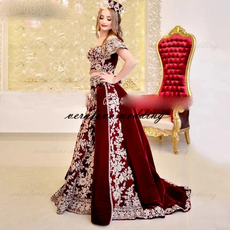 ball gown dress Two Pieces Albanian Prom Dress A Line 2021 Velvet Appliqued Lace Arabic Evening Dress Abendkleider robe de soirée de mariage hot pink prom dress