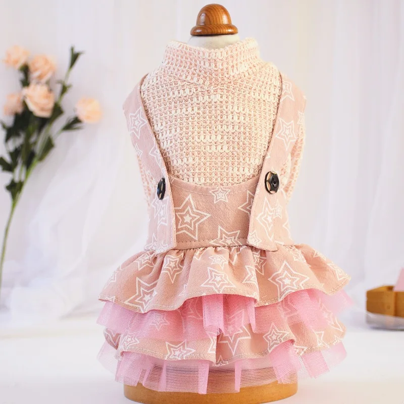 

Dog Dress Autumn Winter Pet Romper Star Mesh Skirt Knitwear For Pomeranian Bichon Puppy Dog Dresses S M L XL