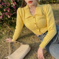 french vintage lapel short sweater women slim long sleeved knitted cardigan 2021 new autumn fashion simple tops