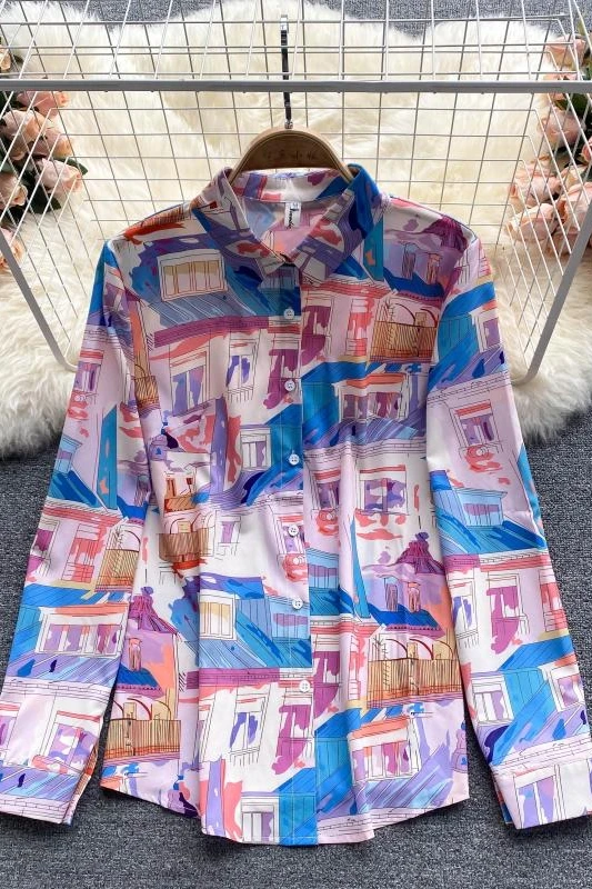 

Long-sleeved shirt design sense niche irregular printing wild sun cardigan temperament light cooked wind top