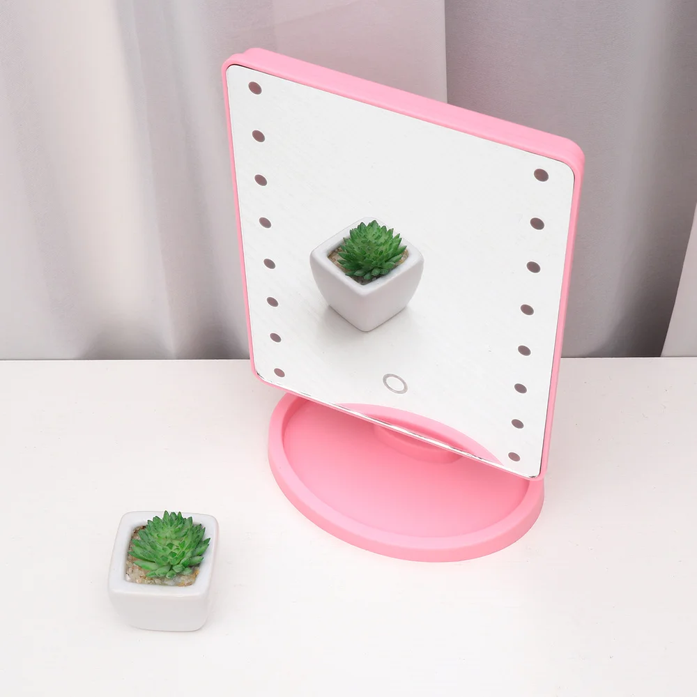 

16 LEDs Desktop Cosmetic Mirror USB Touch Screen Dimmable Makeup Mirrors with Storage Tray (Pink)