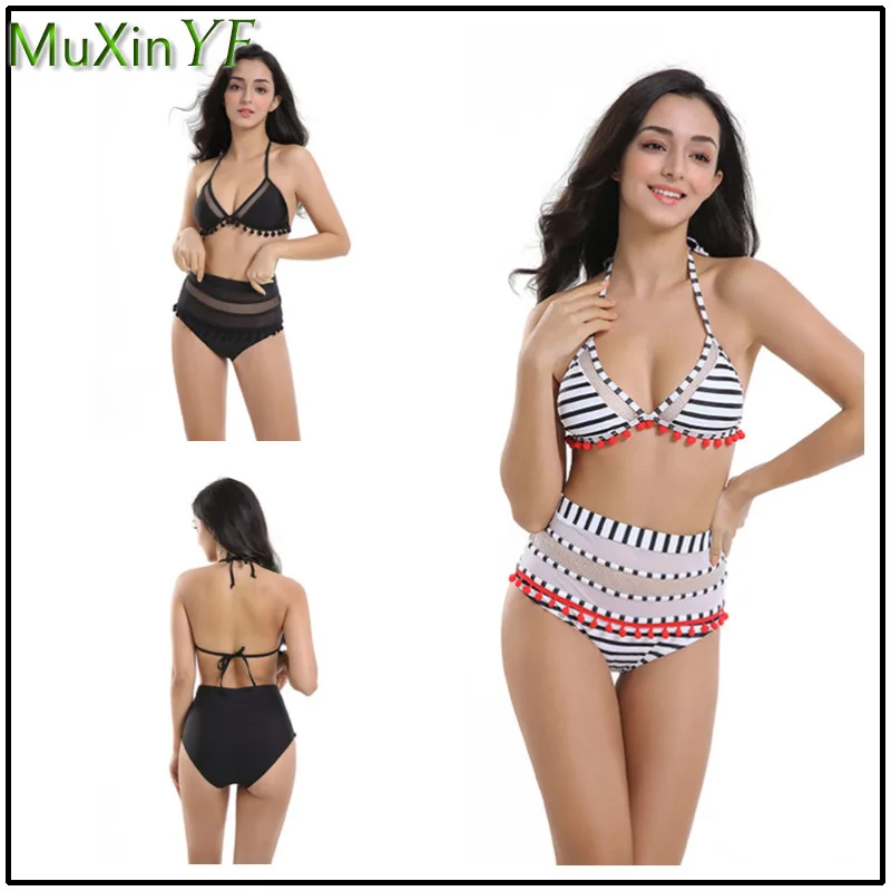 

Летние женские бикини 2021 новая кисточка с высокой талией сексуальные Разделение купальник в стиле «Бохо» для маленьких девочек в полоску, к...