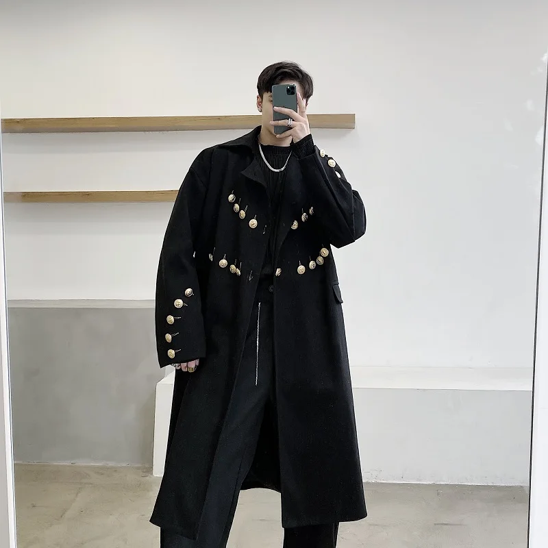 

New Copper Buttons Woolen Casual Long Trench Coat Outerwear Male Streetwear Vintage Loose Wool Windbreaker Jacket Cloak Overcoat