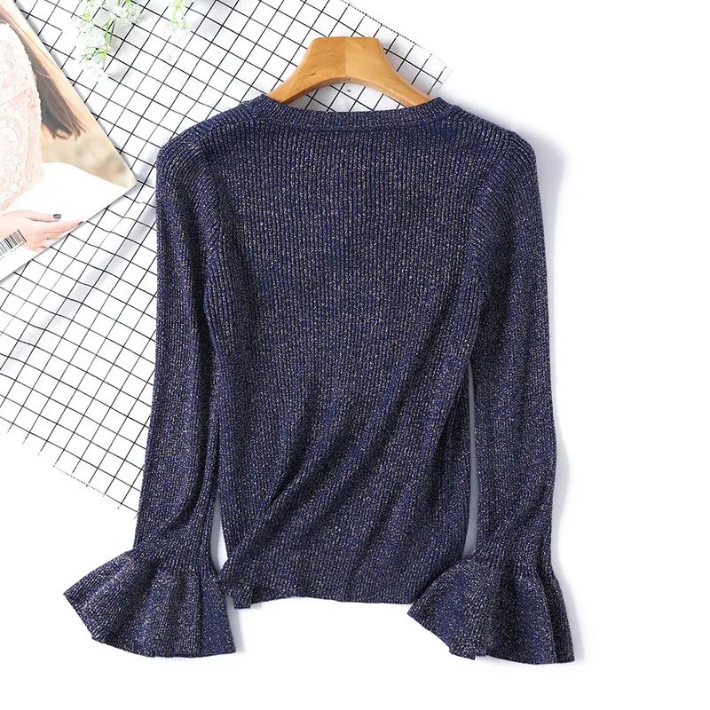 Женский Блестящий облегающий свитер с люрексом вязаный на шнуровке бантом и