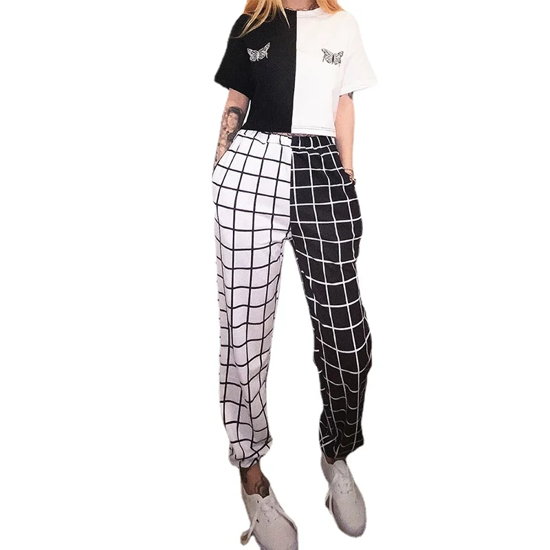 

Vintage Plaid Patchwork Pants Harajuku Woman Trousers Elastics High Waist Pants Causal Straight Checkerboard Plaid Prited Pants