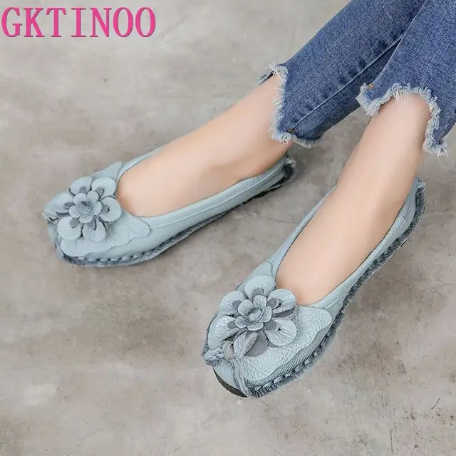 Gktinoo 2022 soft genuine leather flat shoes women flats with flowers ladies shoes women designers loafers slip on
