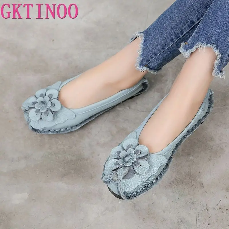 GKTINOO 2022 Soft Genuine Leather Flat Shoes Women Flats with Flowers Ladies Designers Loafers Slip On | Обувь