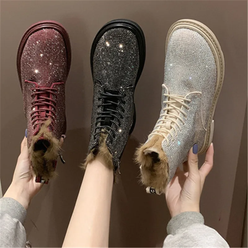 

Winter New Fashion Shoes Woman Leather Boots Bling Rhinestone Lace-Up Booties Women Round Toe Ankle Boots Black Red