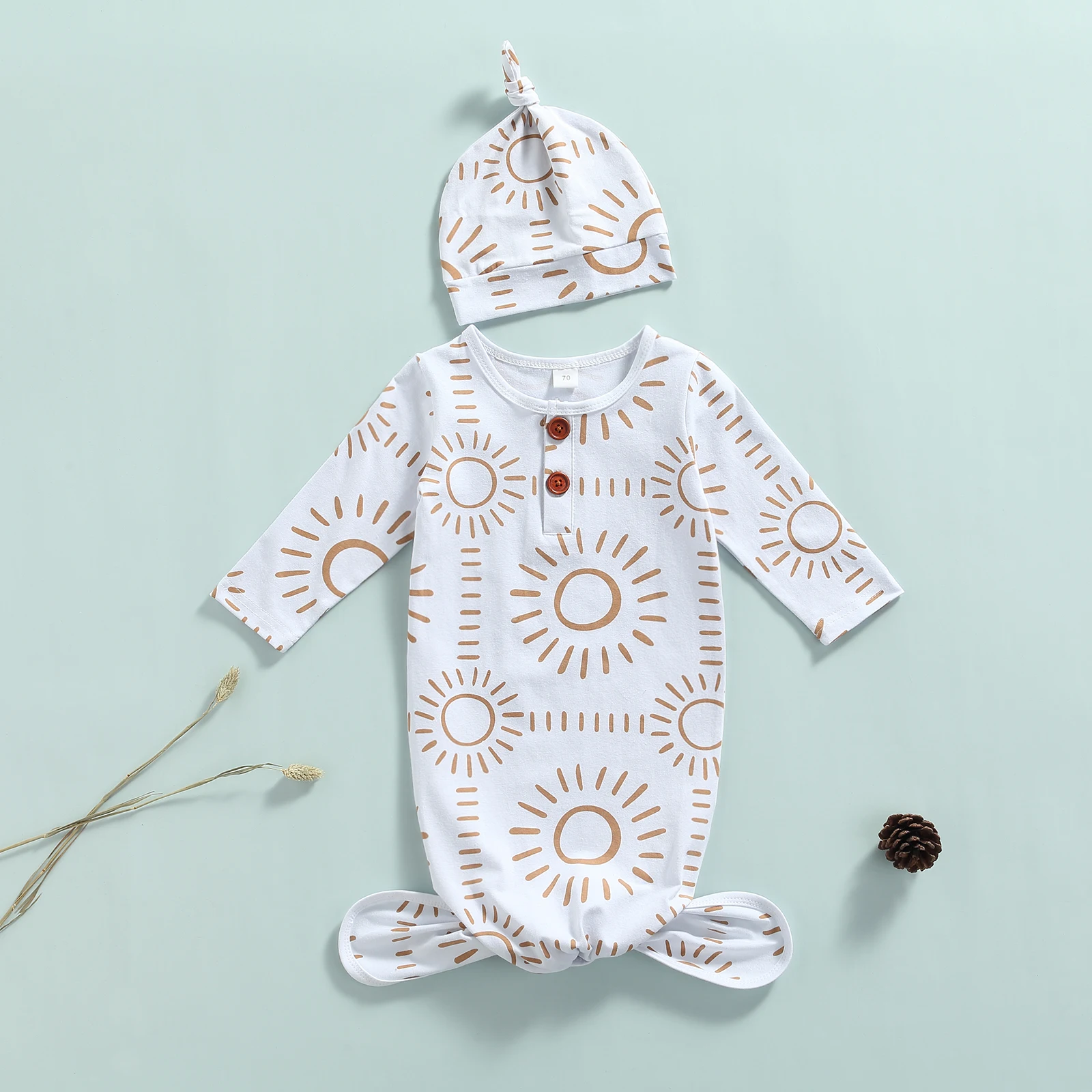 

2Pcs 0-1Year Baby Boys Girls Nightwear with Hat,Autumn Infant Casual Breathable White Sun Print O-Neck Long Sleeve Sleepwear+Cap