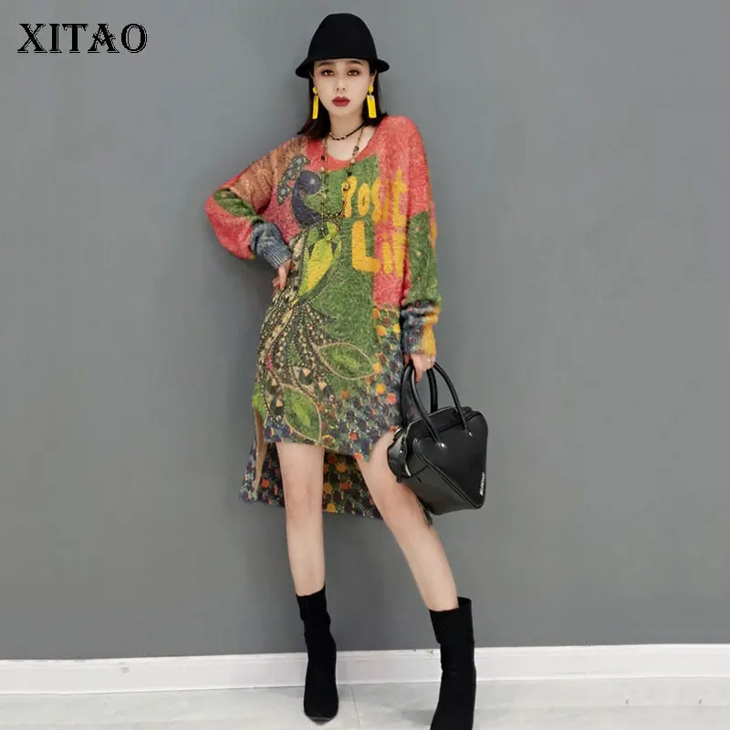 

Женские Асимметричные вязаные платья XITAO, Свободный Повседневный пуловер с v-образным вырезом и длинным рукавом, модель JL0100